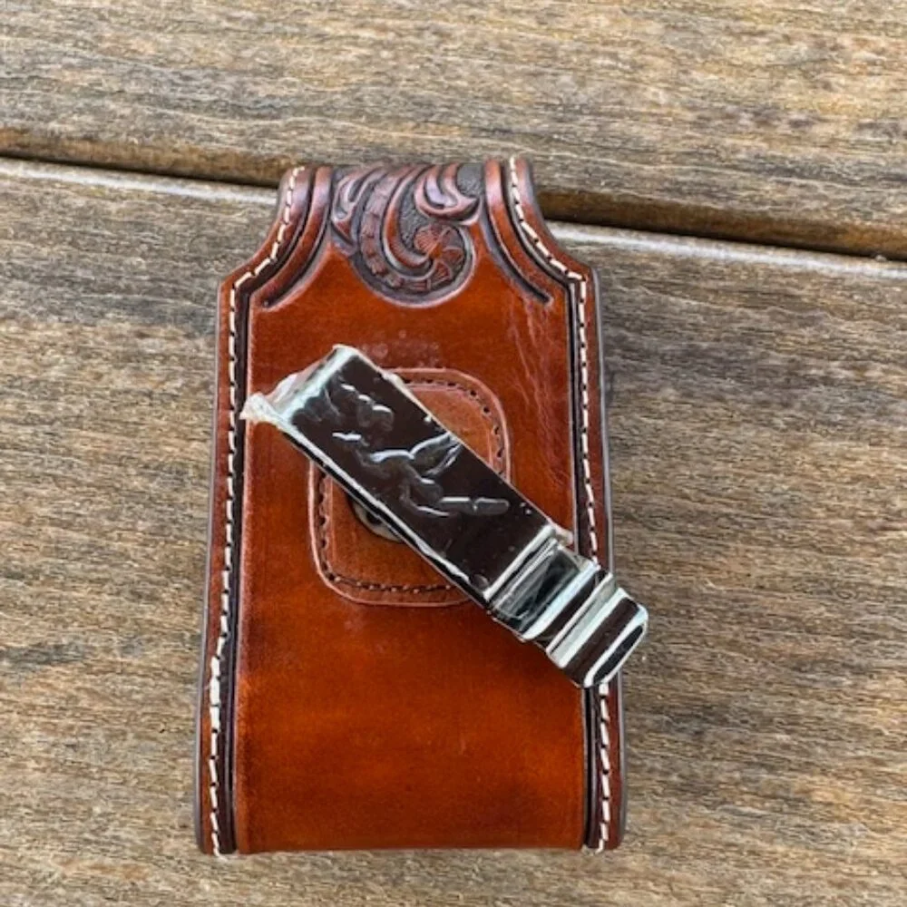 VINTAGE NACONA TOOLED LEATHER BELT CLIP CELL PHONE HOLDER